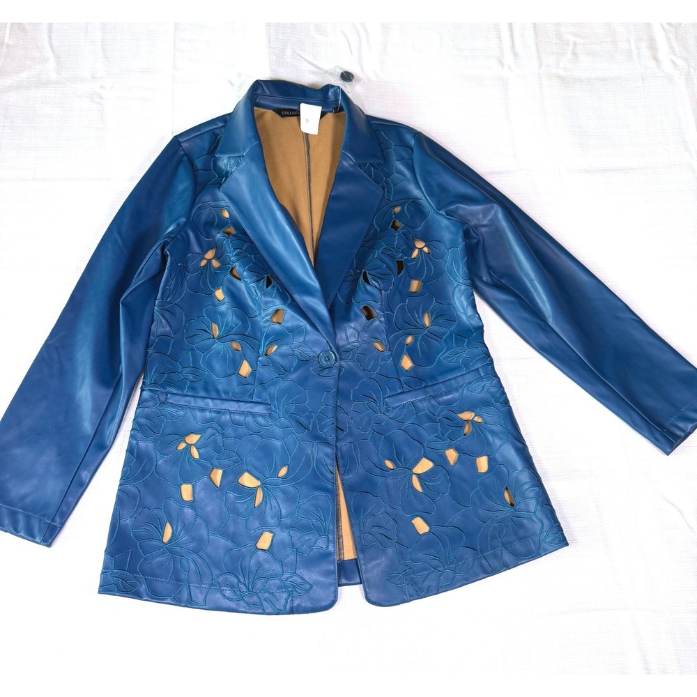Colleen Lopez Blue Faux Leather Floral Laser Cut Blazer Jacket